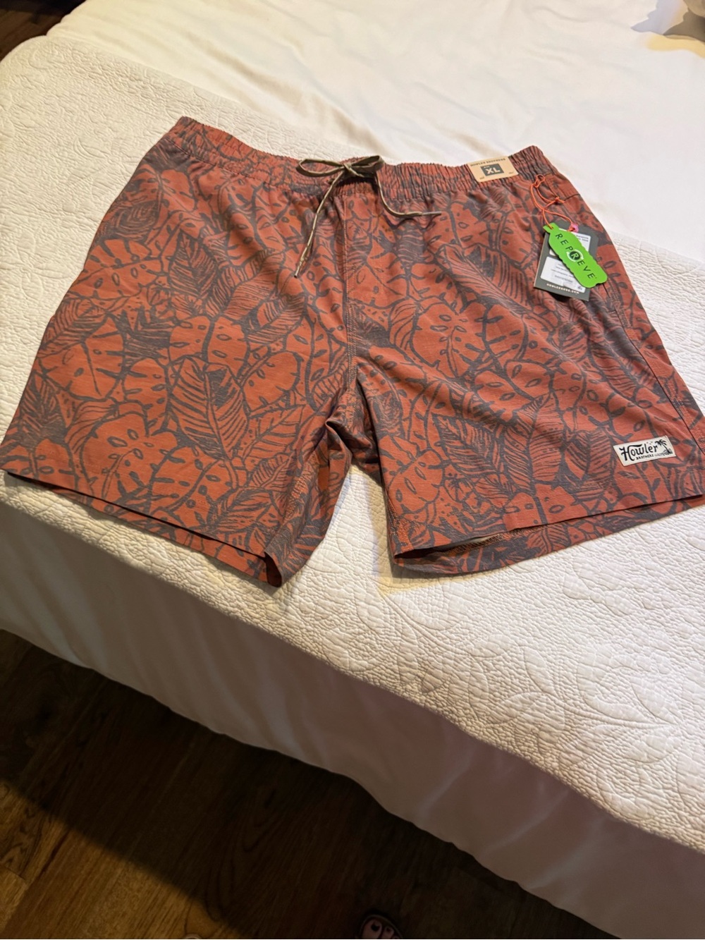 Howler Brothers Orange Floral Leaf Print Swim Trunks